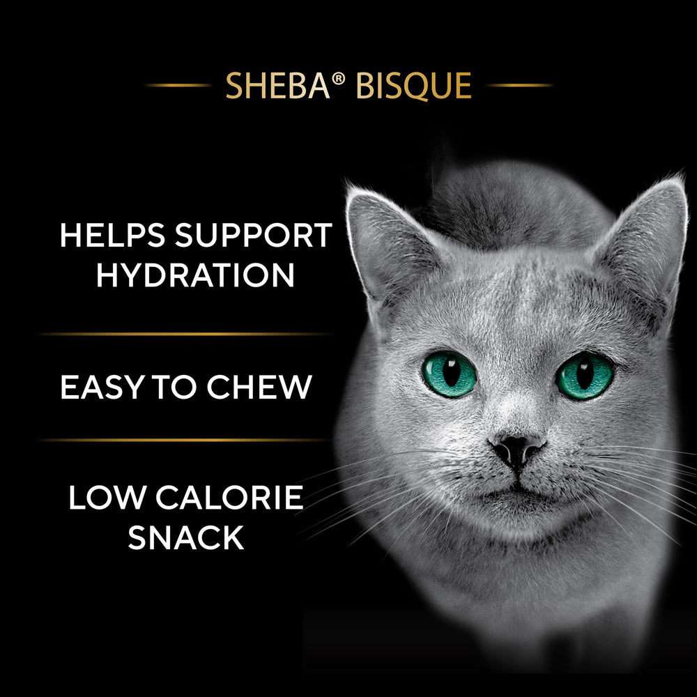 Sheba Bisque Lickable salmon chunks in bisque, premium seafood treat.