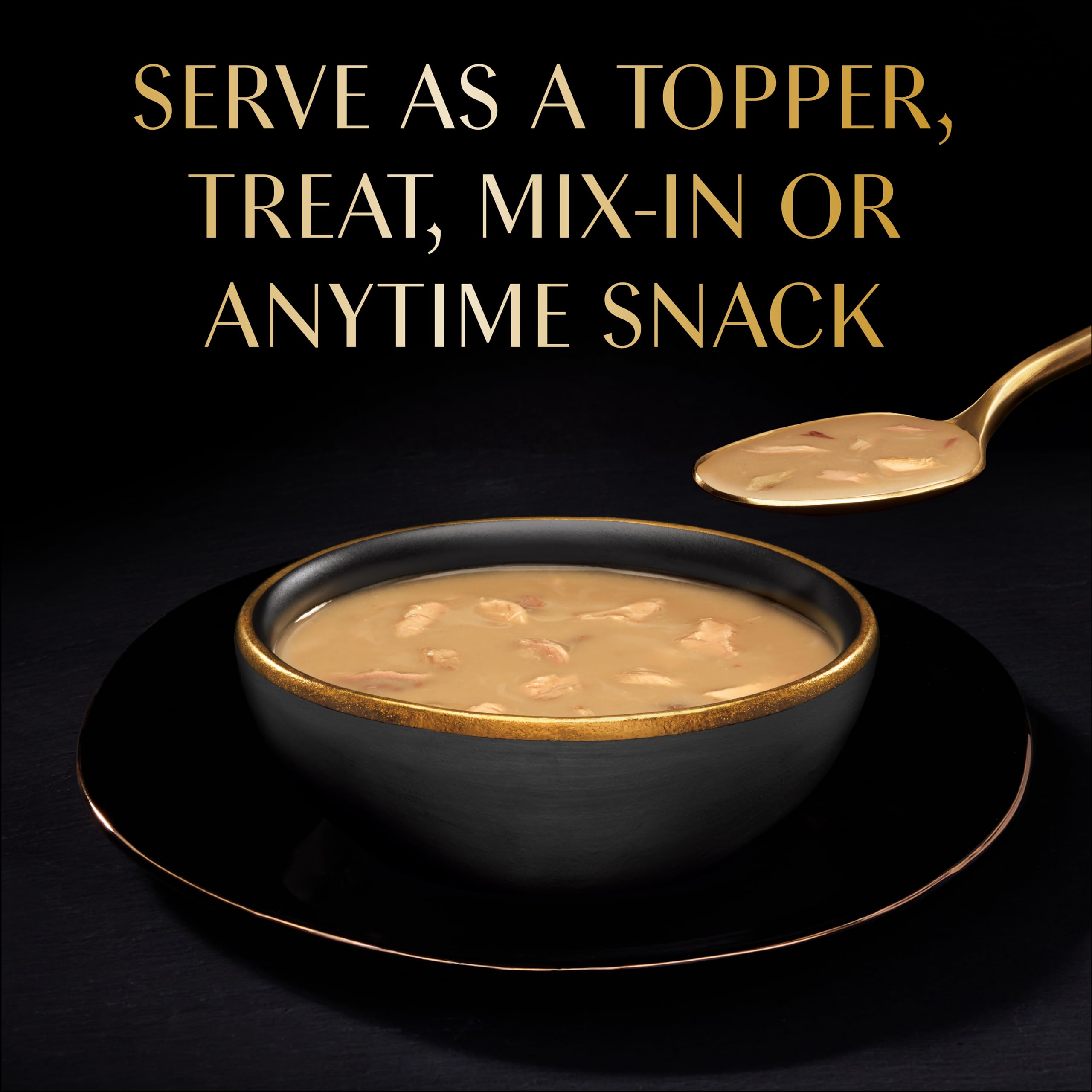 Cat food toppers view showing Sheba Bisque Lickable added to meal.