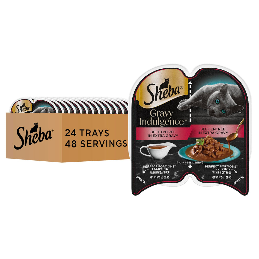 Sheba Gravy Indulgence beef entree tray closeup with extra gravy for hydration