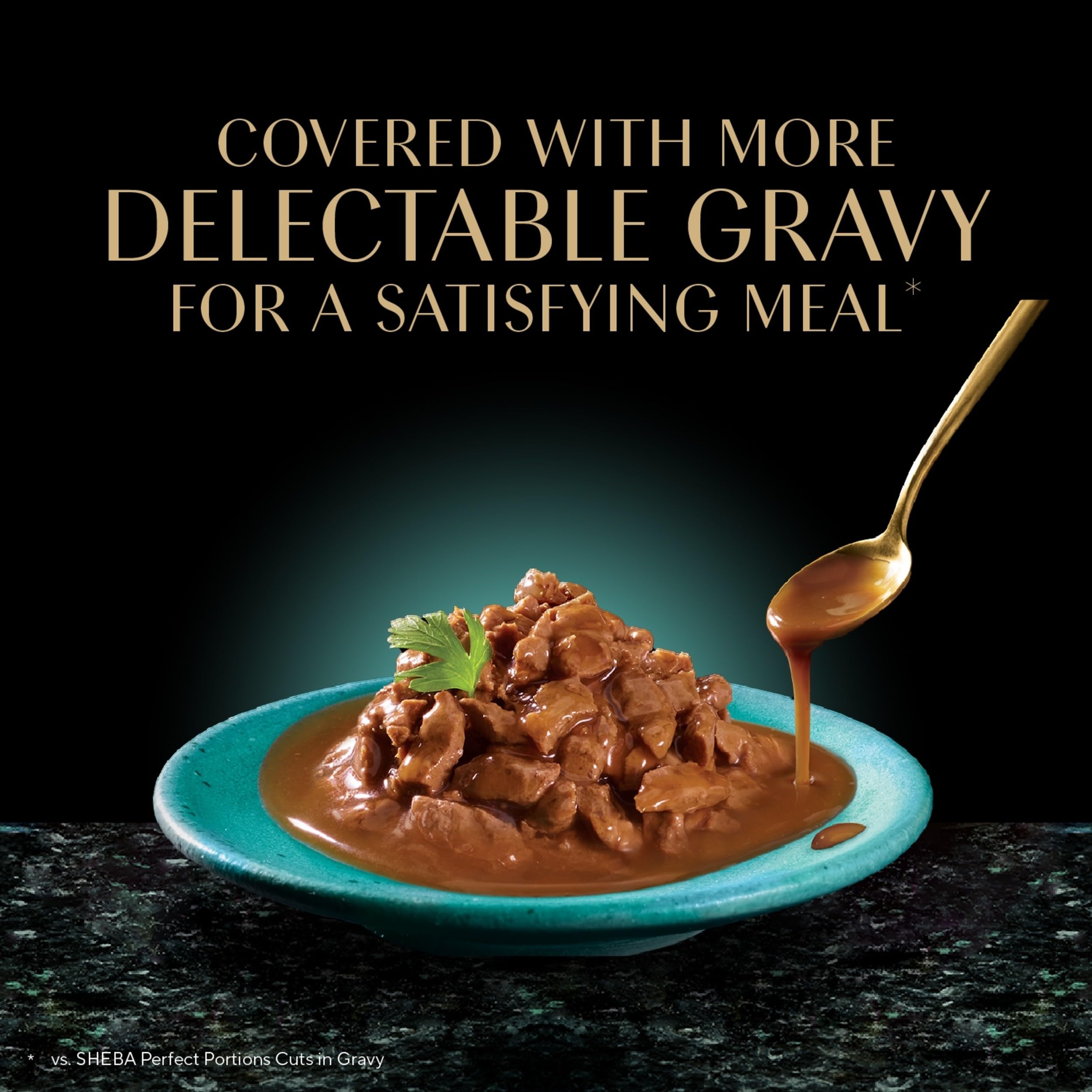 Close-up of grain-free formula without corn or soy from Sheba Gravy Indulgence