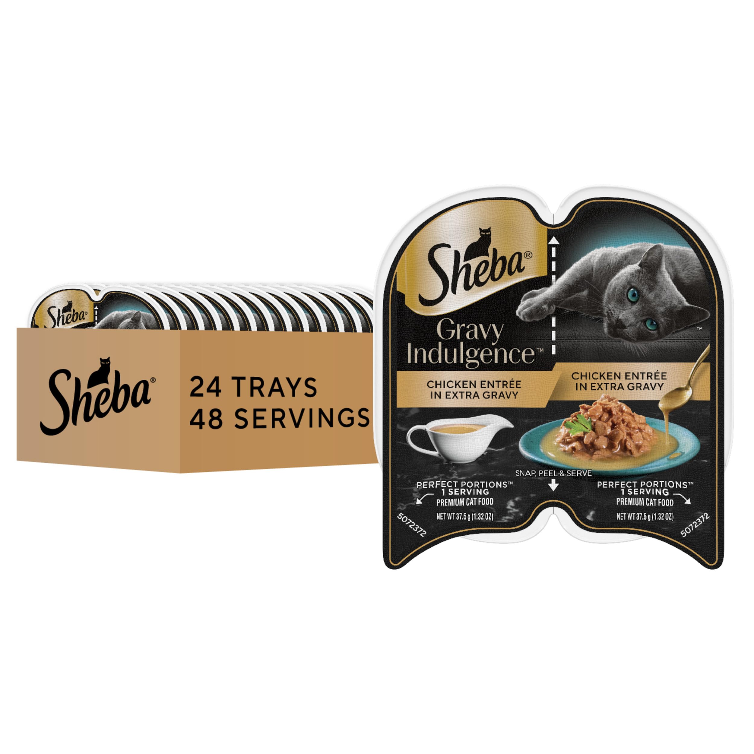 Sheba Gravy Indulgence chicken entree with extra gravy for hydration.