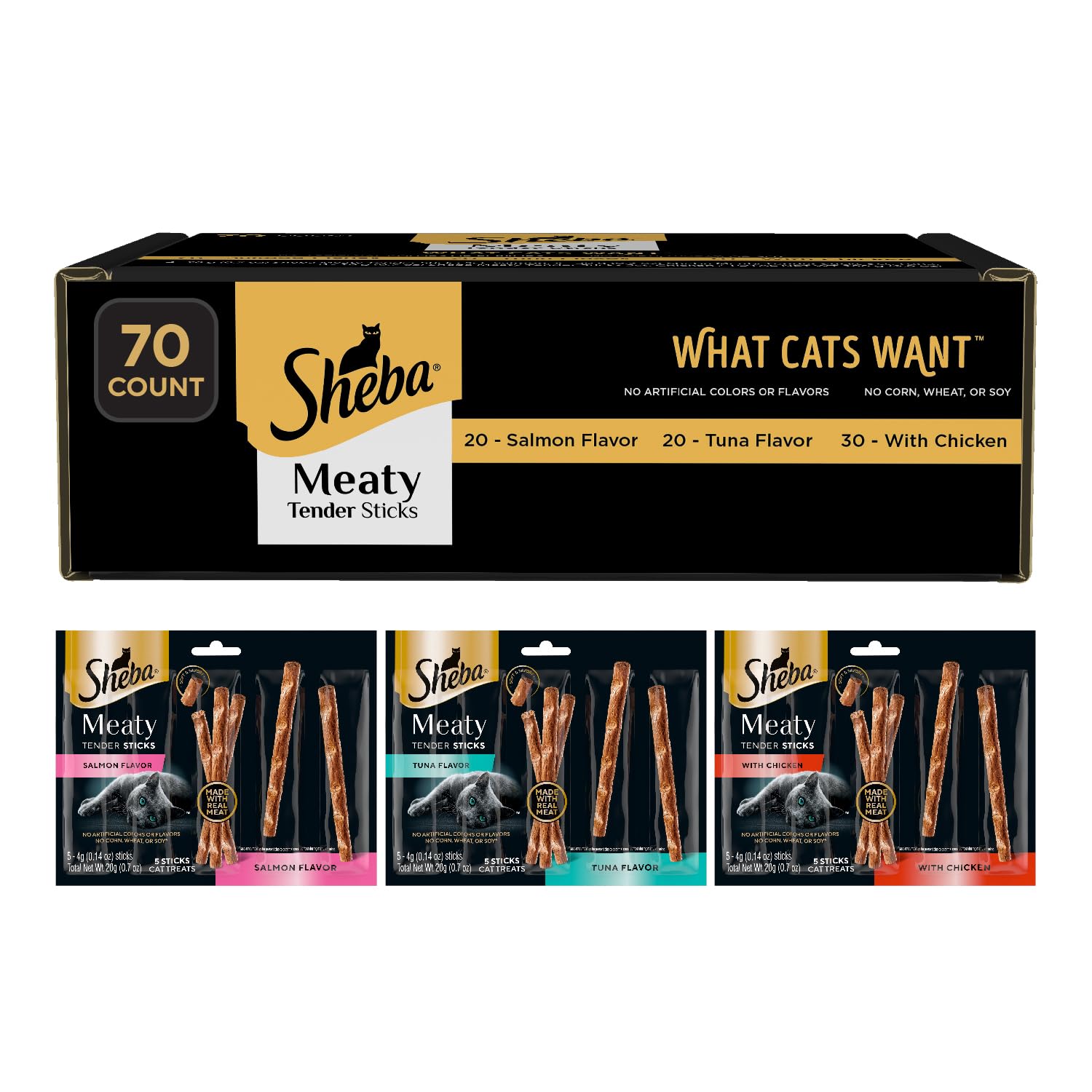 Sheba Meaty Tender Sticks chicken front pack—real meat flavor for everyday rewards.