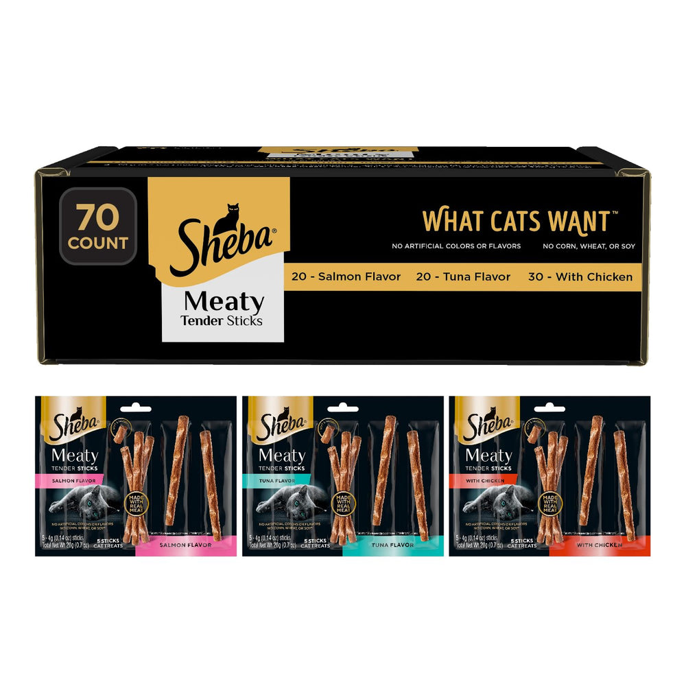 Sheba Meaty Tender Sticks chicken front pack—real meat flavor for everyday rewards.