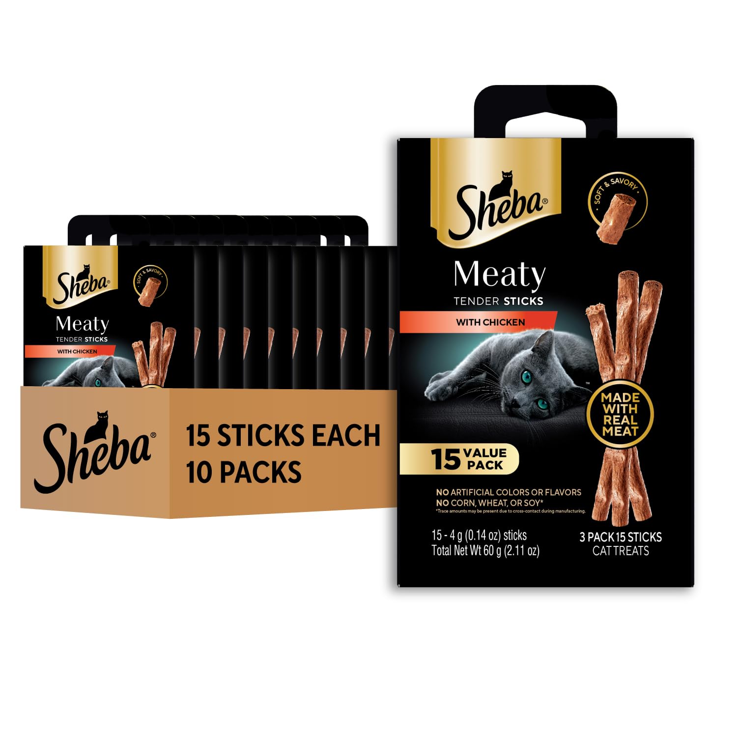 Sheba Meaty Tender Sticks chicken packaging highlights convenient, individually wrapped cat treats.