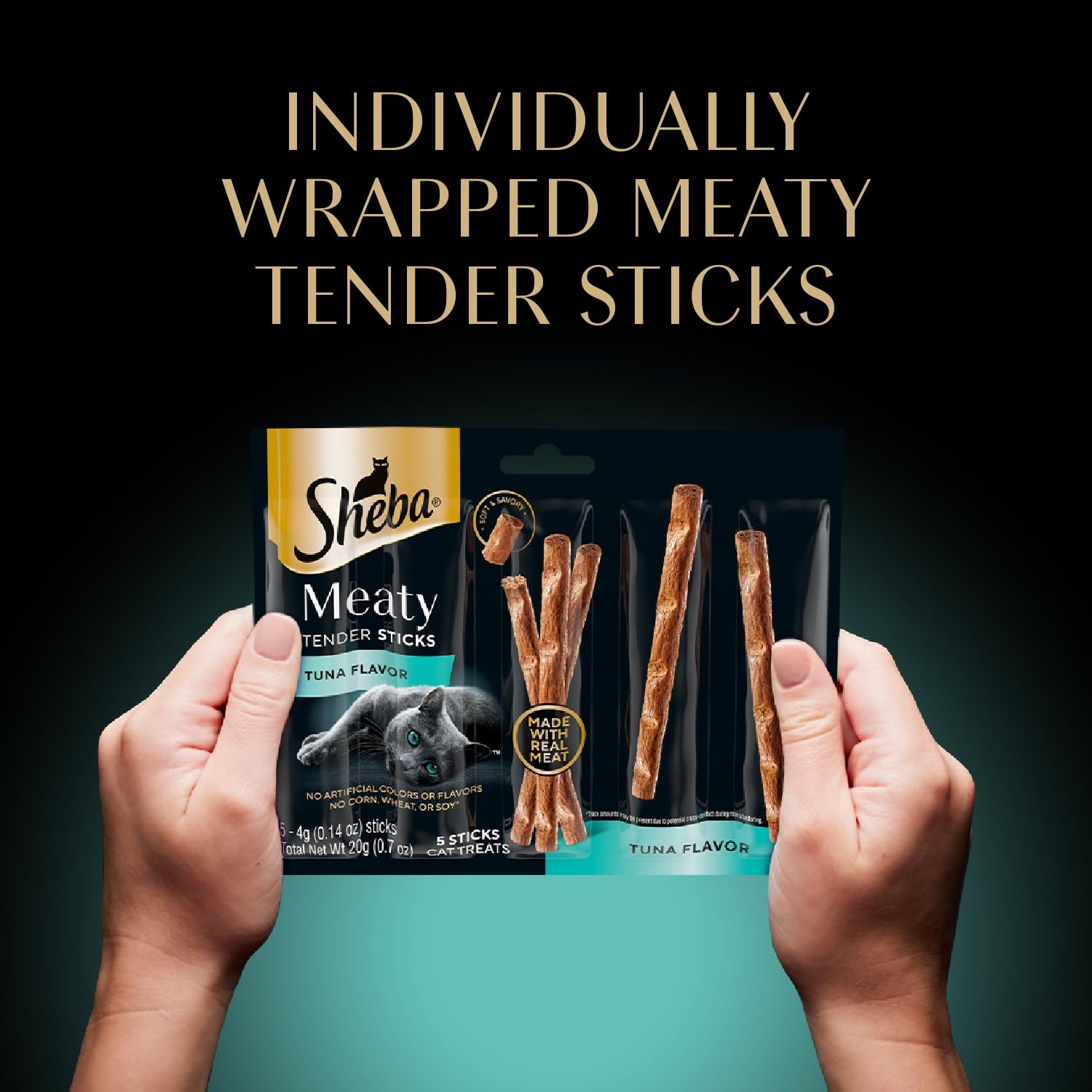 Cat enjoys a reward with Sheba Meaty Tender Sticks during daily routines.