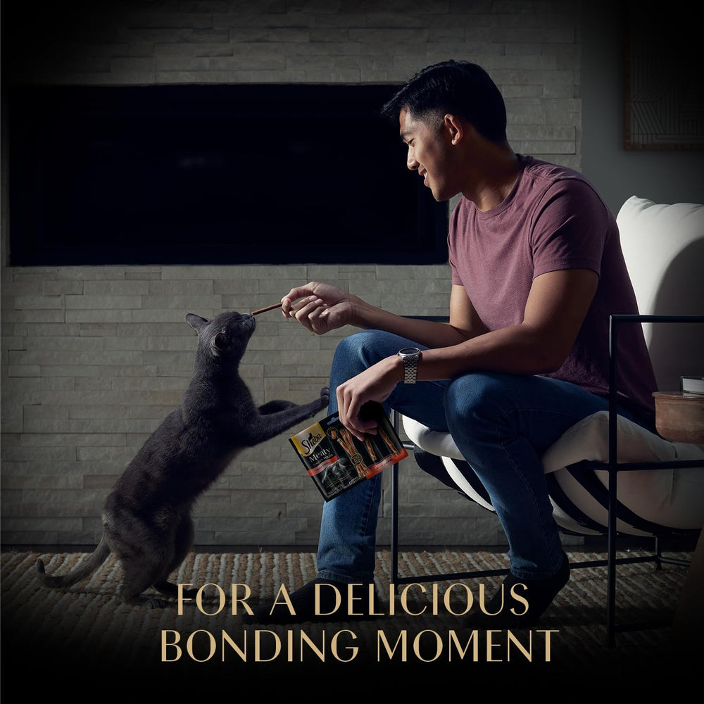 Training-friendly cat treats: Sheba Meaty Tender Sticks reward bonding.