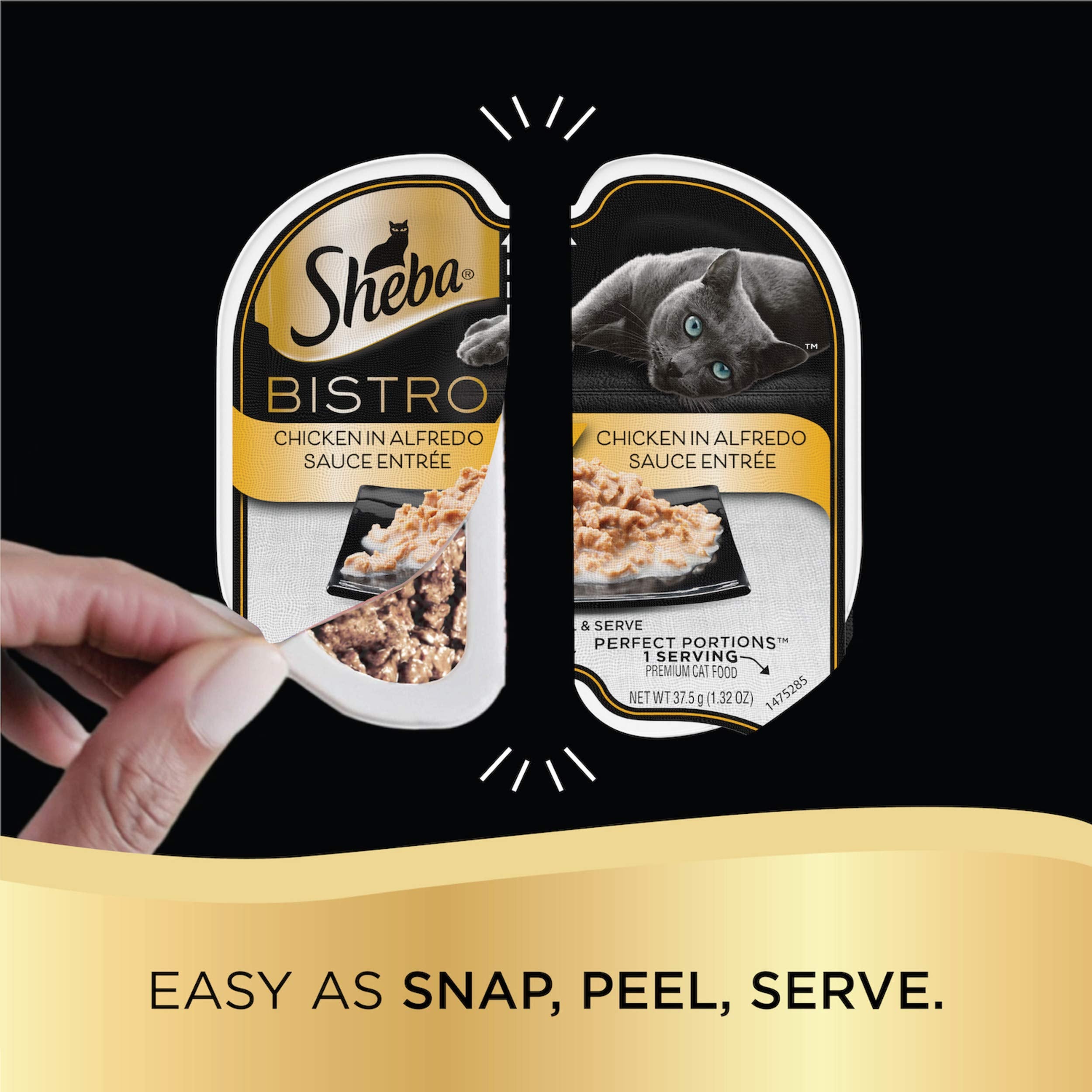 Sheba Perfect Portions Bistro twin-pack trays demonstrate easy peel and serve for quick meals.