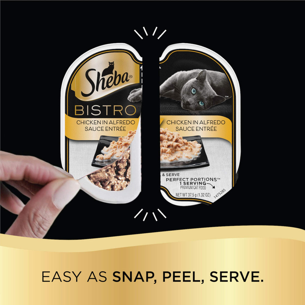 Sheba Perfect Portions Bistro twin-pack trays demonstrate easy peel and serve for quick meals.