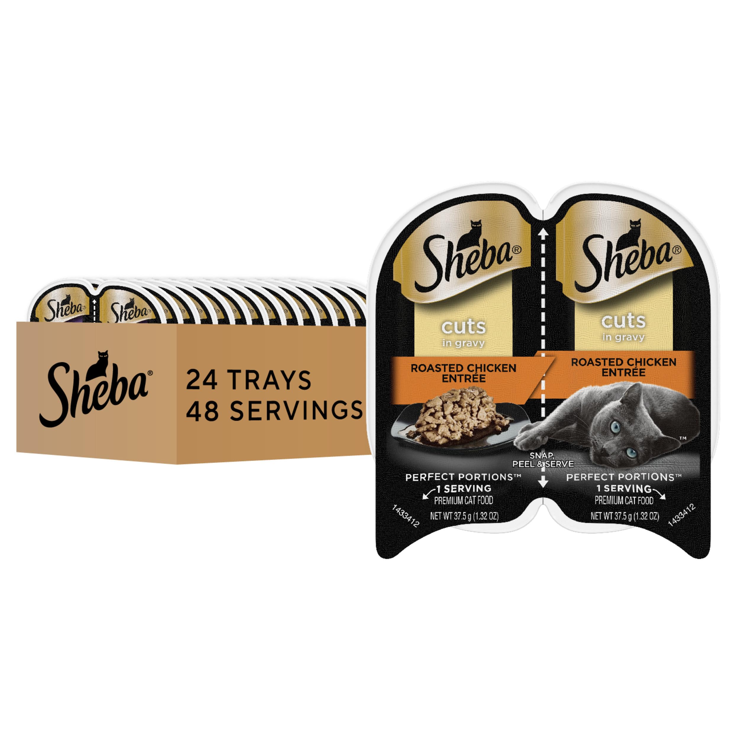 Sheba Perfect Portions chicken cuts in gravy tray for protein-rich adult cat meals
