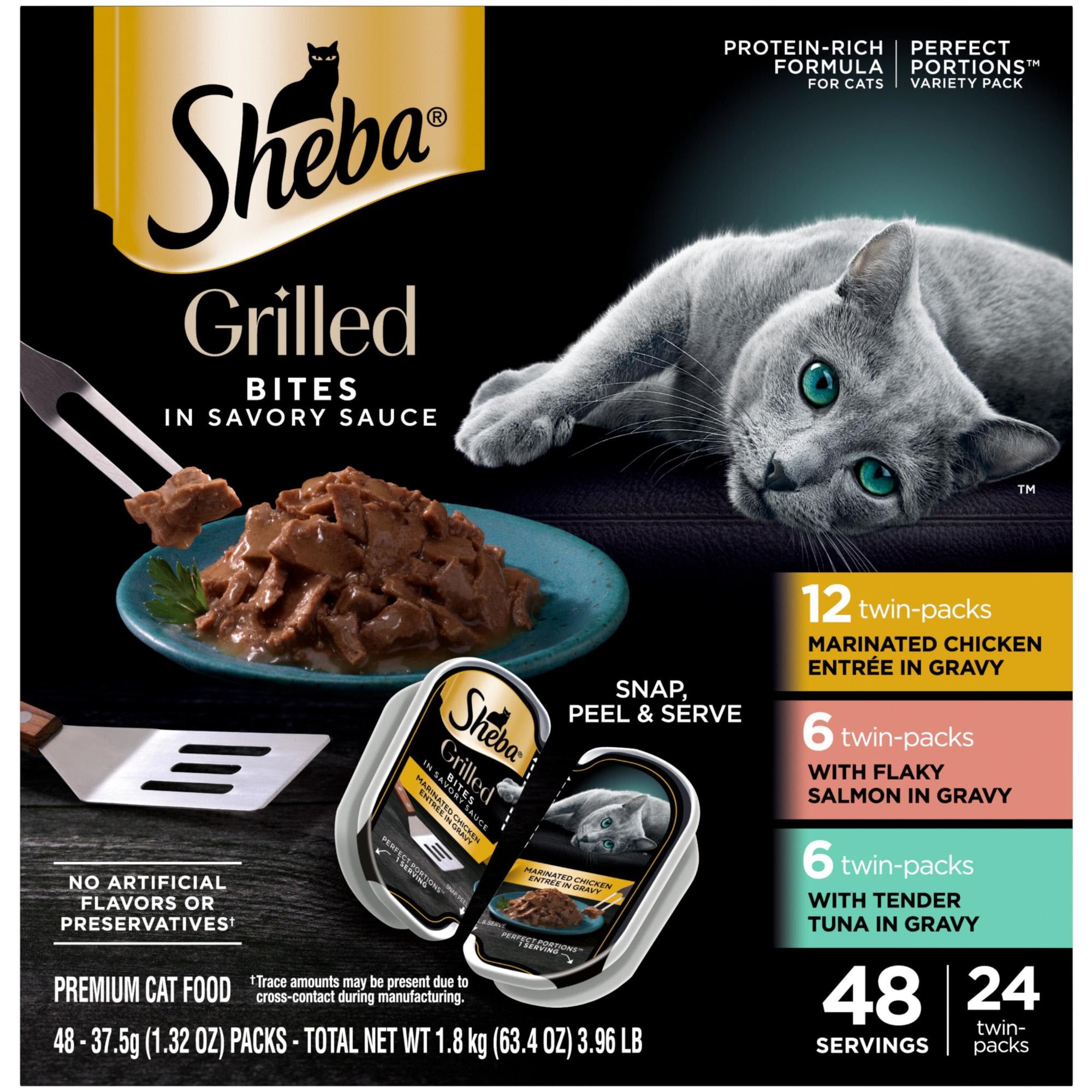 Sheba Perfect Portions grilled chicken in savory sauce, fresh for adult cats at every meal.