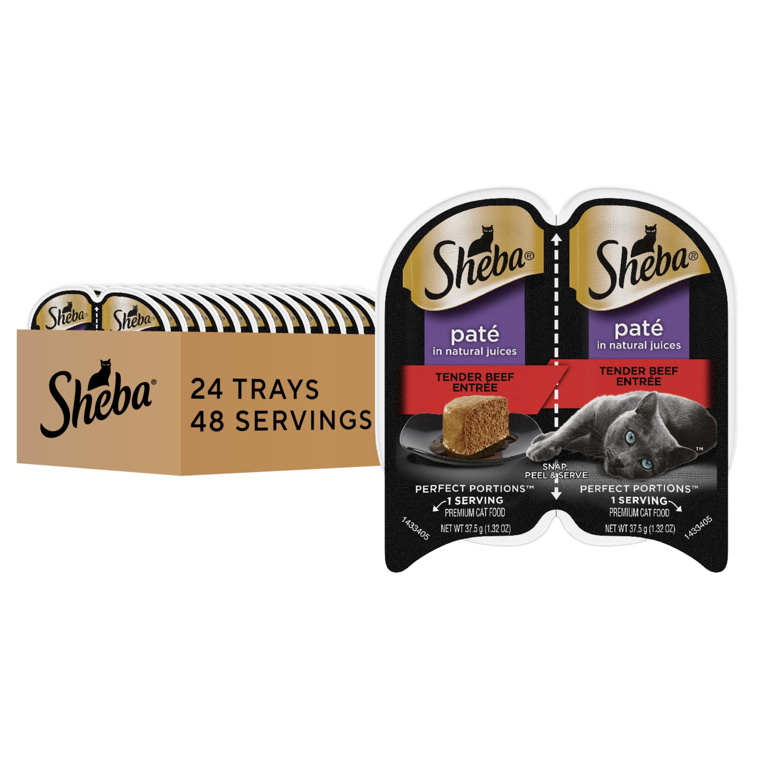 Sheba Perfect Portions Pate Beef Entree twin-pack trays showing convenient, portion-controlled servings