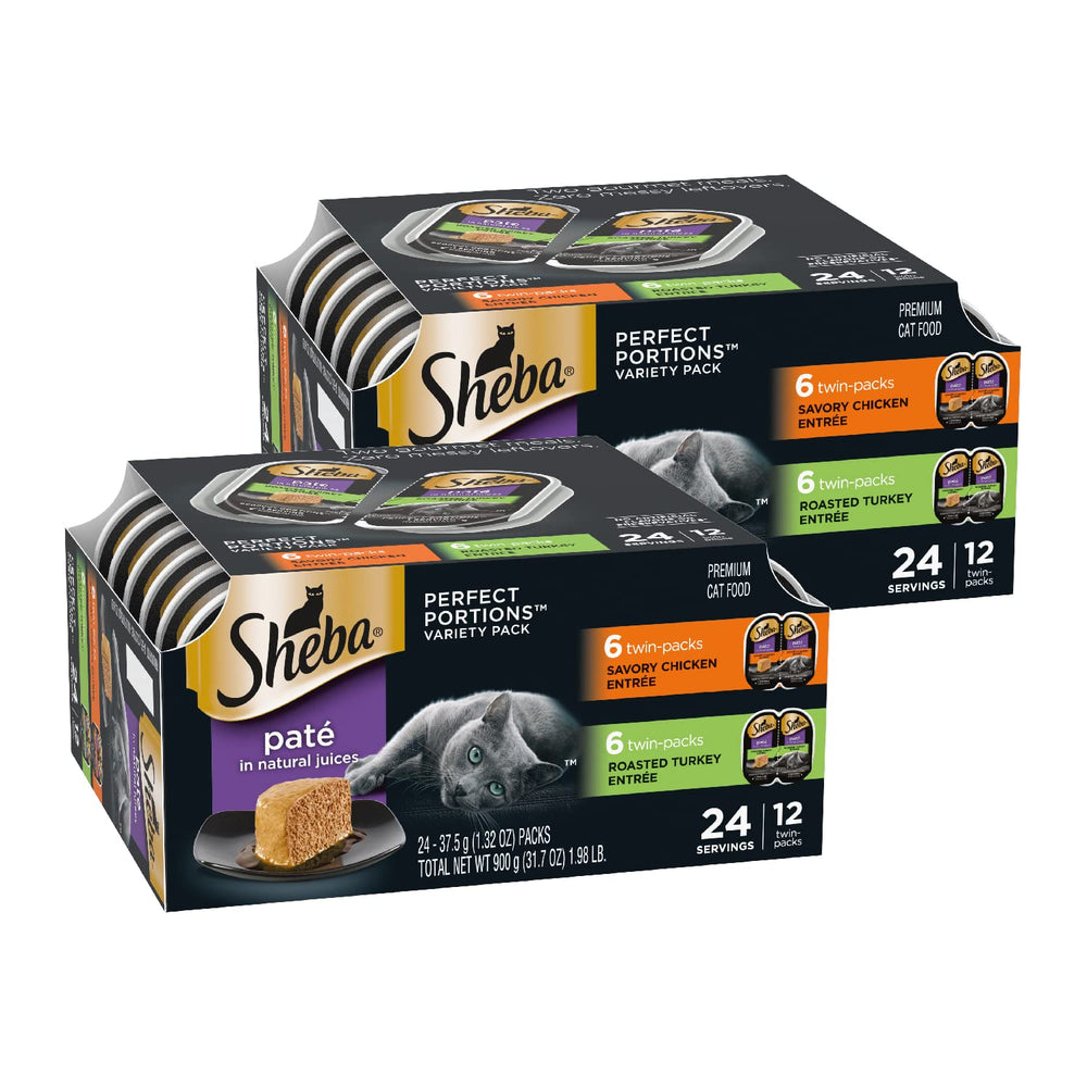 Sheba Perfect Portions chicken entree pate in twin-pack trays for protein-rich meals.