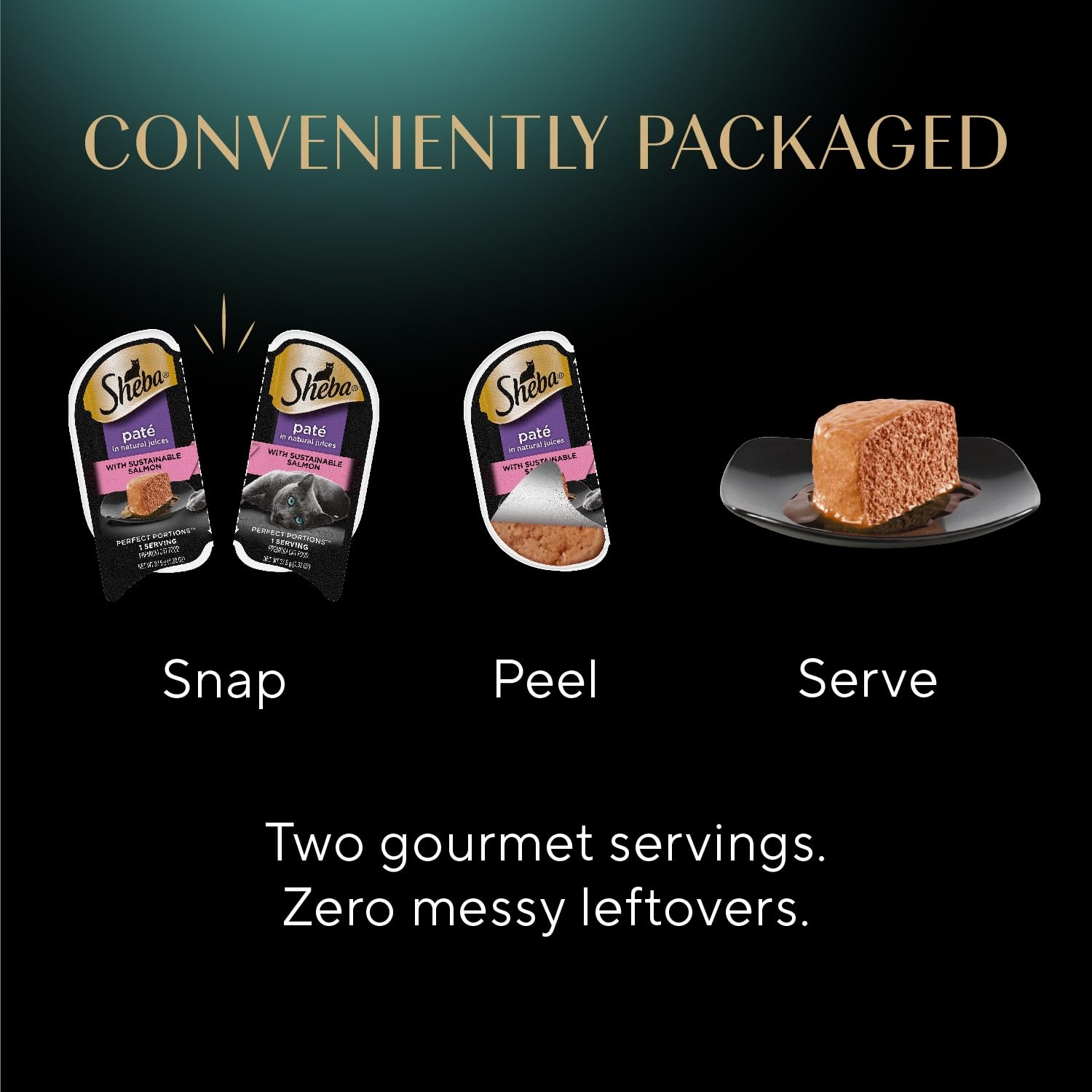 Packaging label for Sheba Perfect Portions Pate highlighting sustainability and quality.