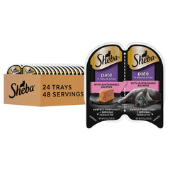 Sheba Perfect Portions Pate with sustainable salmon in a tray close-up for convenient, mess-free serving.