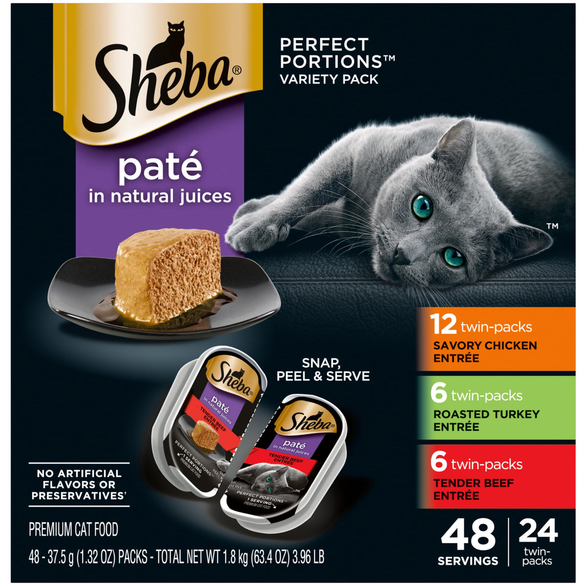 SHEBA Perfect Portions pâté trays in twin packs for mess-free meals.