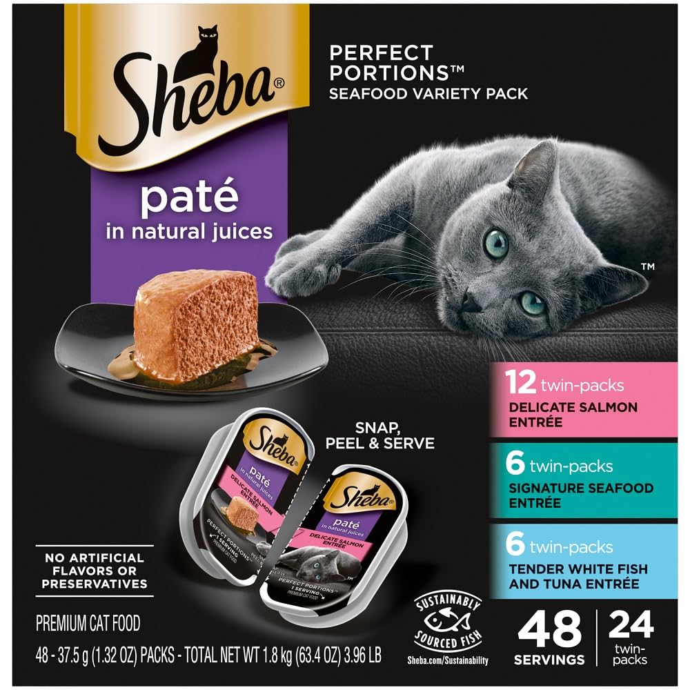 Sheba Perfect Portions Pate Variety Pack front view showcases premium seafood flavors for selective eaters.