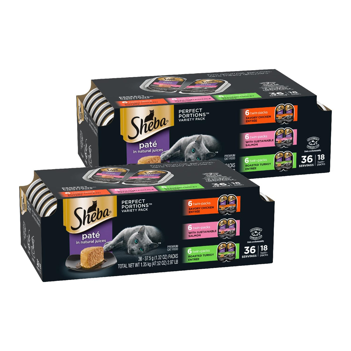 Sheba Perfect Portions Pate variety-pack packaging showing two trays for easy feeding.