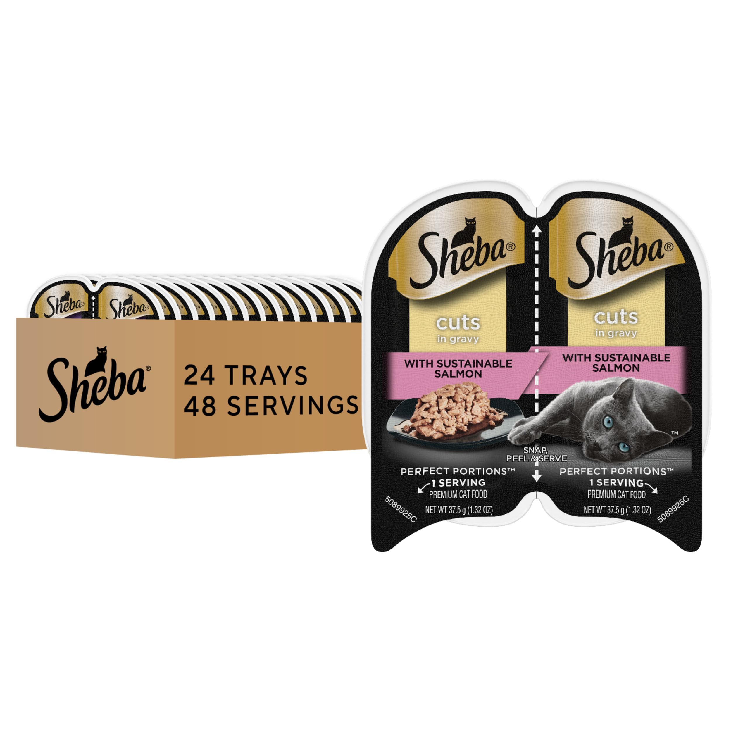 Sheba perfect portions with salmon cuts in gravy twin-pack trays for easy portioning.