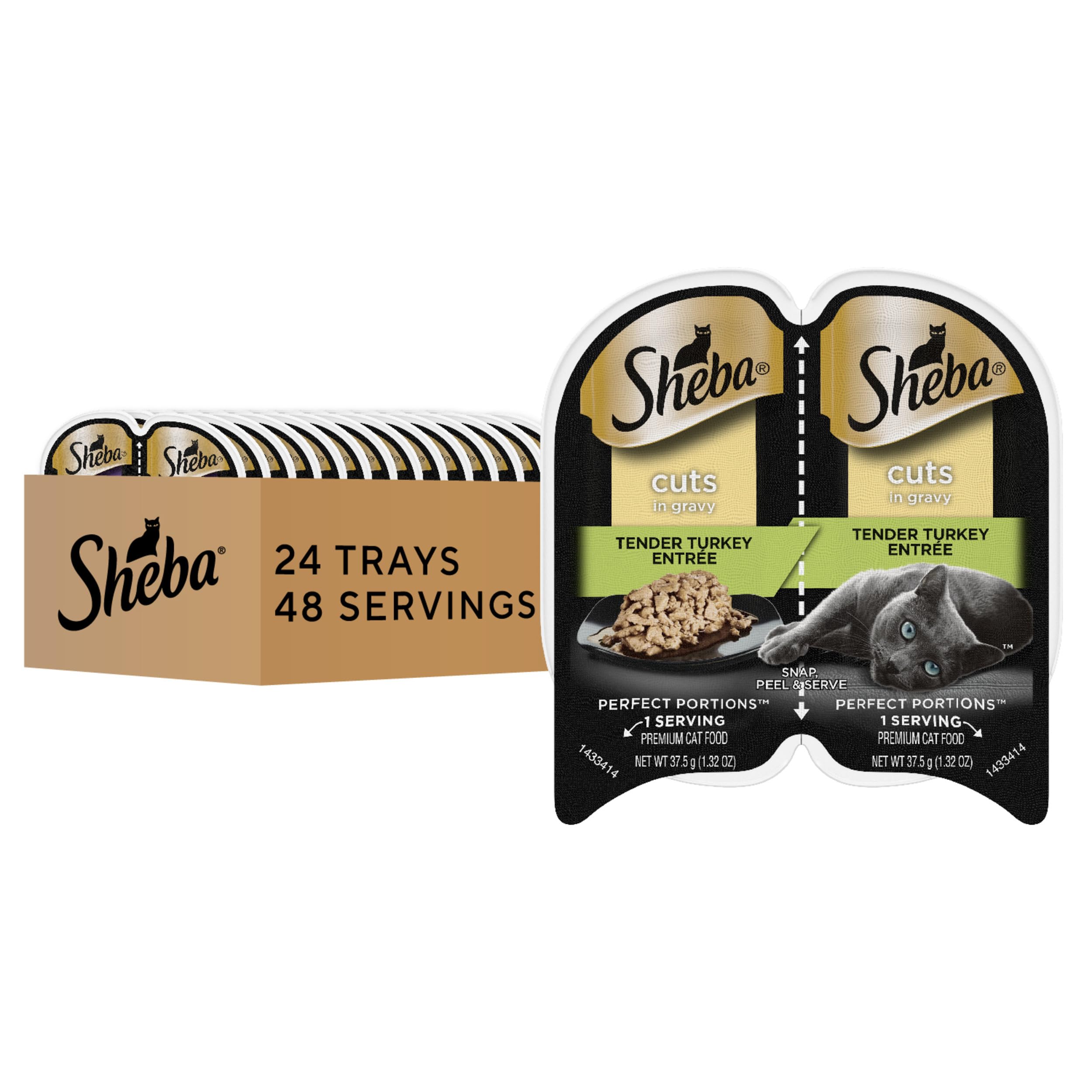 Sheba Perfect Portions turkey entree in gravy tray, moisture-rich meal for adult cats.