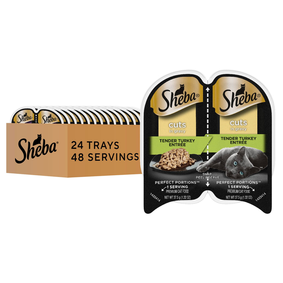 Sheba Perfect Portions turkey entree in gravy tray, moisture-rich meal for adult cats.