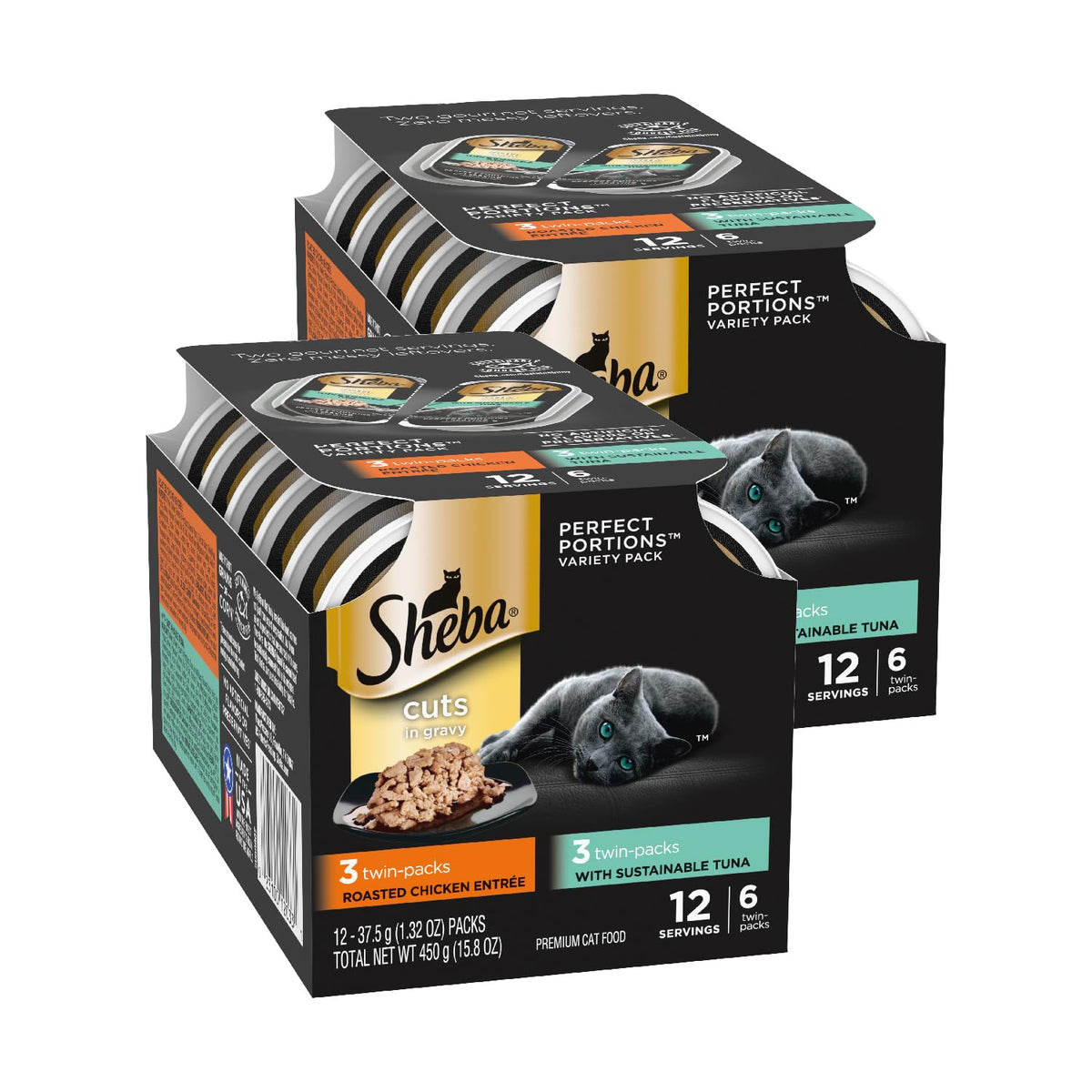 Sheba Perfect Portions Tuna in Gravy twin-pack trays for convenient portion control.