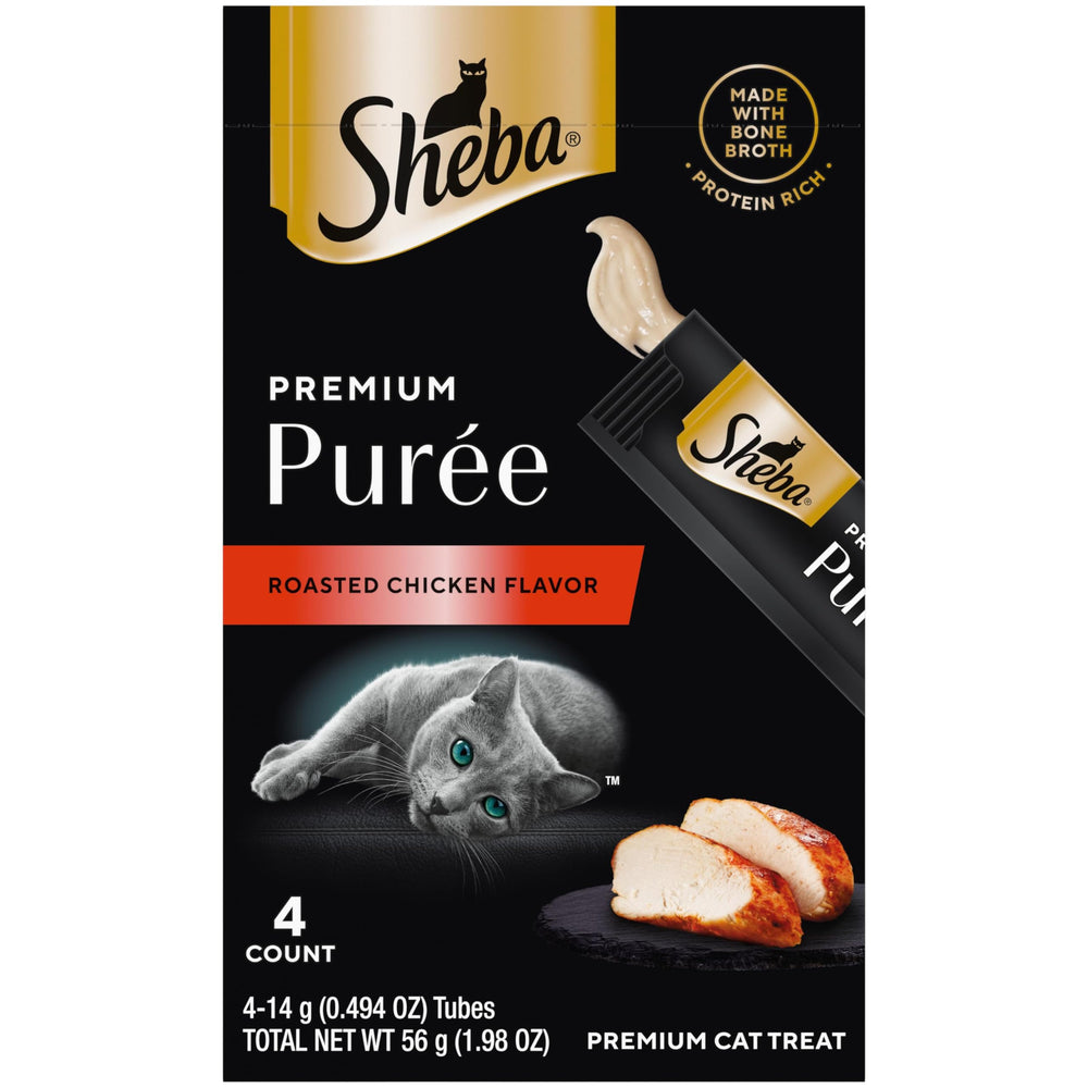 Sheba Premium Puree Roasted Chicken tube closeup highlights creamy lickable texture for treats