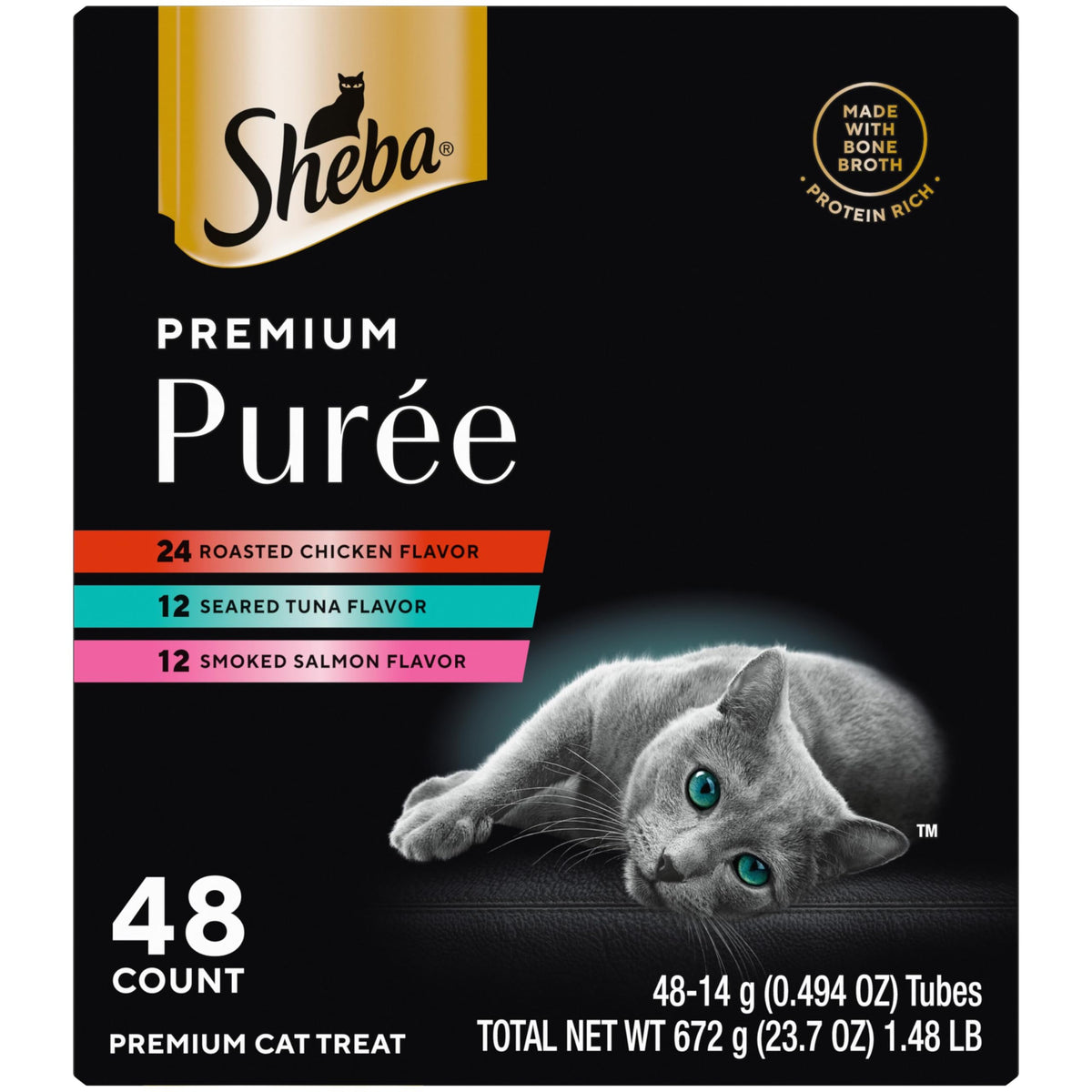 Sheba Premium Puree roasted chicken tube close-up showing creamy texture for licking