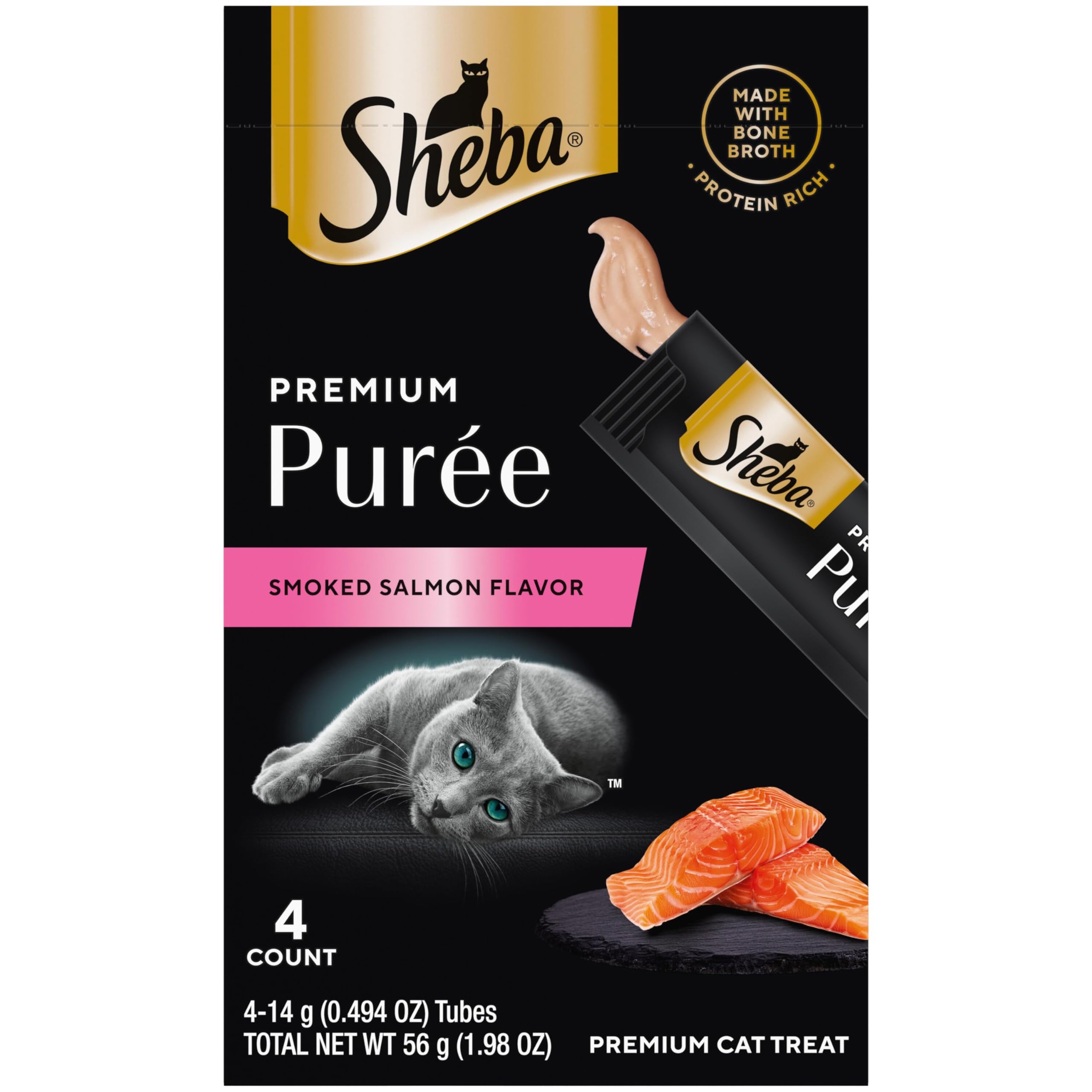 Sheba Premium Puree Salmon tube close-up showing creamy lickable texture.