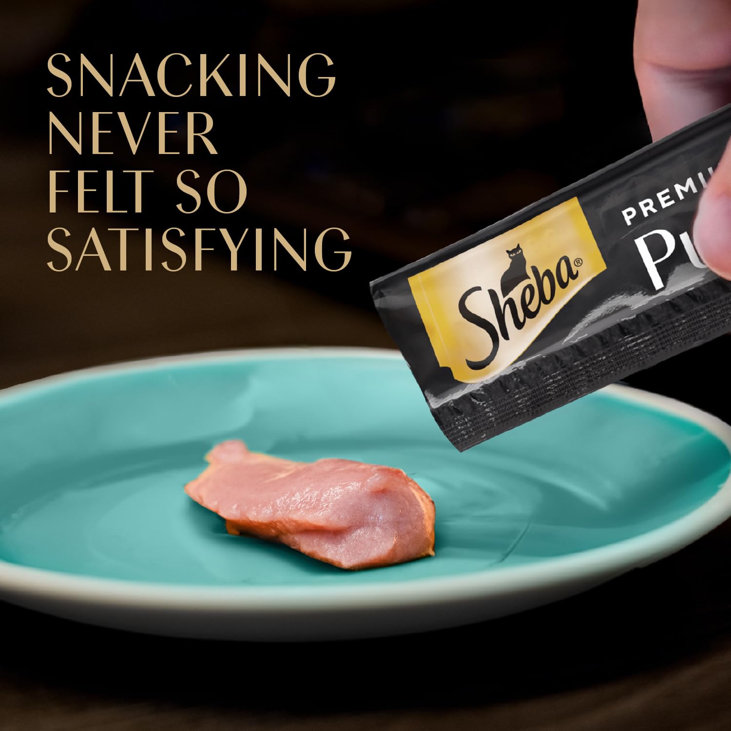Sheba Premium Puree variety pack image shows three flavors for cats