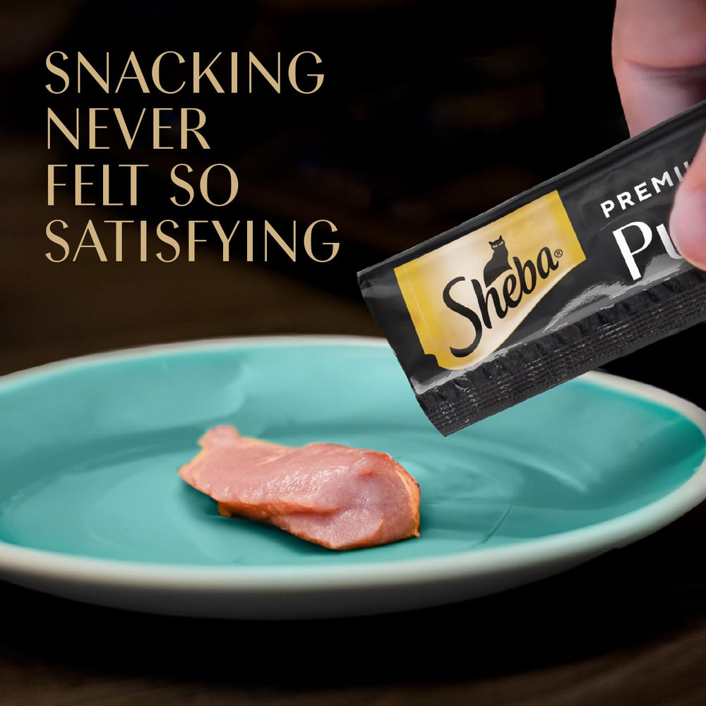 Sheba Premium Puree variety pack image shows three flavors for cats