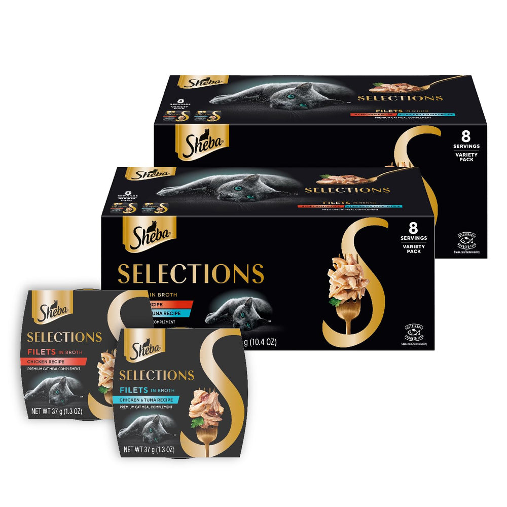 Sheba Selections Filets in Broth chicken cup atop cat food for added moisture