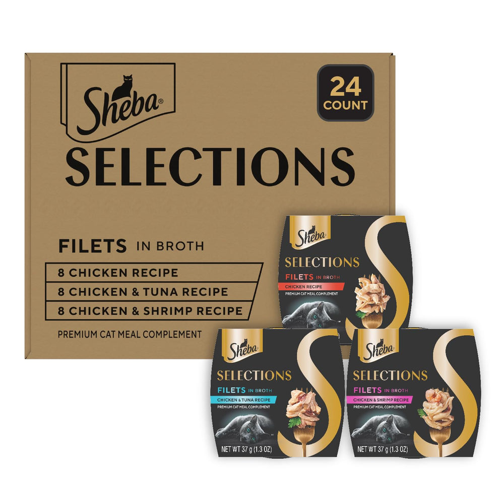 Sheba Selections Filets in Broth cups show real chicken and tuna for a tasty topper.