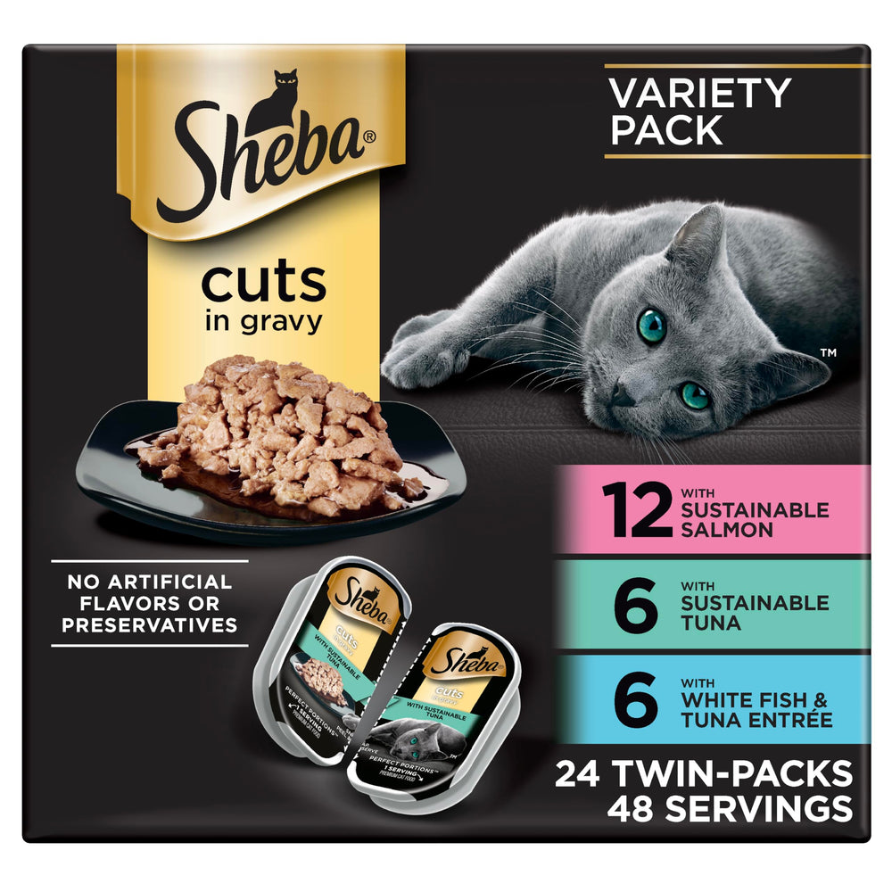 Sheba sustainable salmon cuts in gravy tray for a protein-rich meal