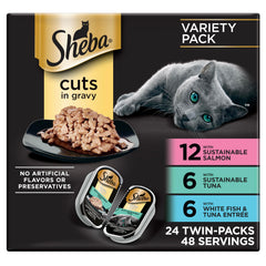 Sheba sustainable salmon cuts in gravy tray for a protein-rich meal