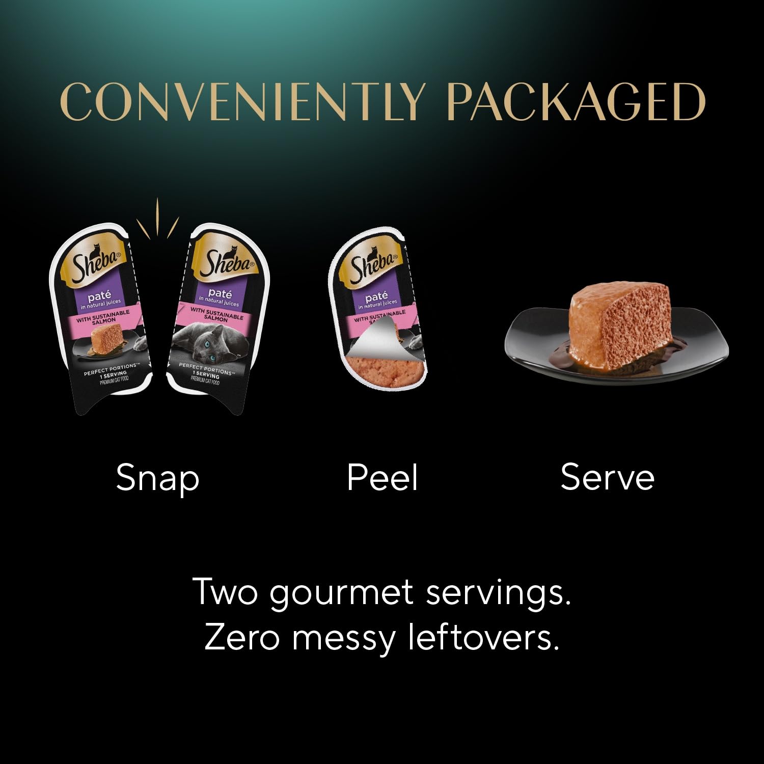 Sustainably sourced salmon label indicating responsible ingredients in Sheba recipes.