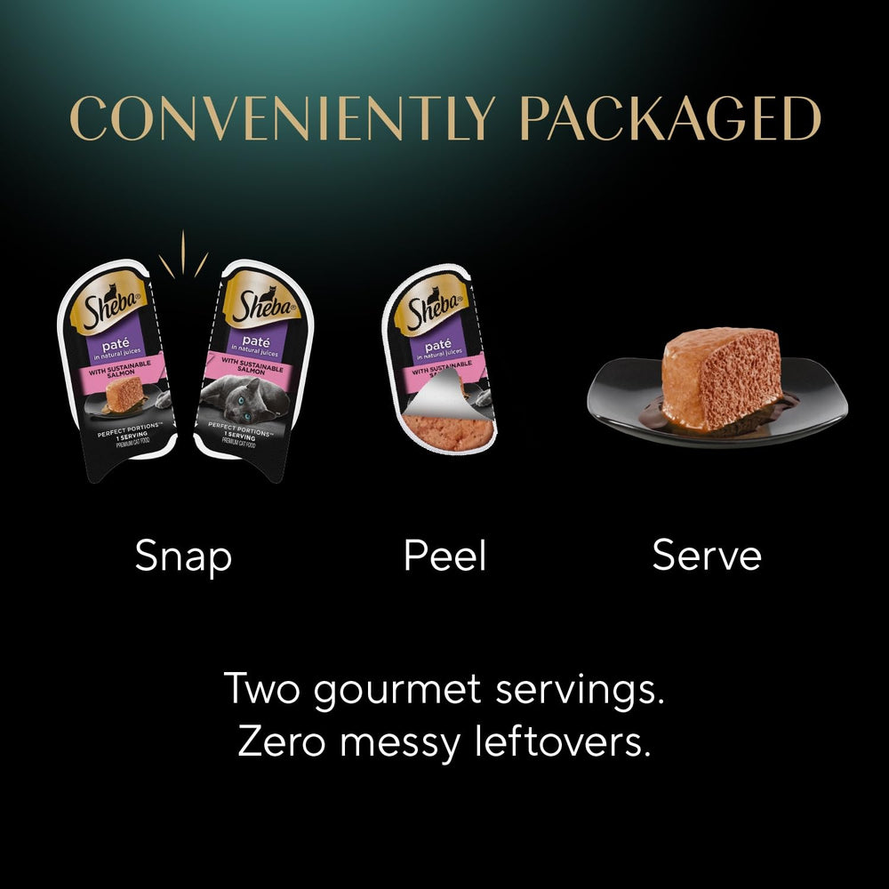 Sustainably sourced salmon label indicating responsible ingredients in Sheba recipes.