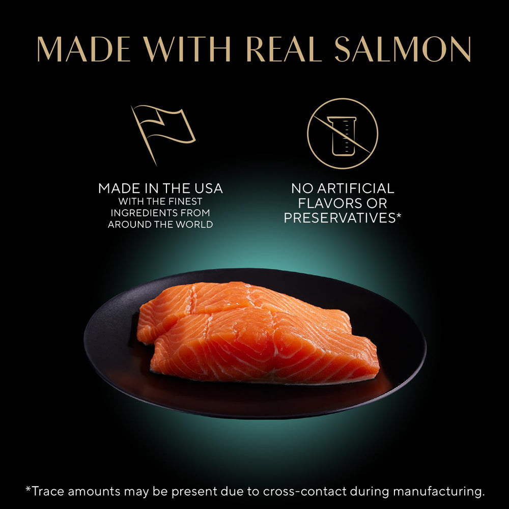 Close-up shows salmon in gravy from Sheba Perfect Portions, delivering flavor and moisture.