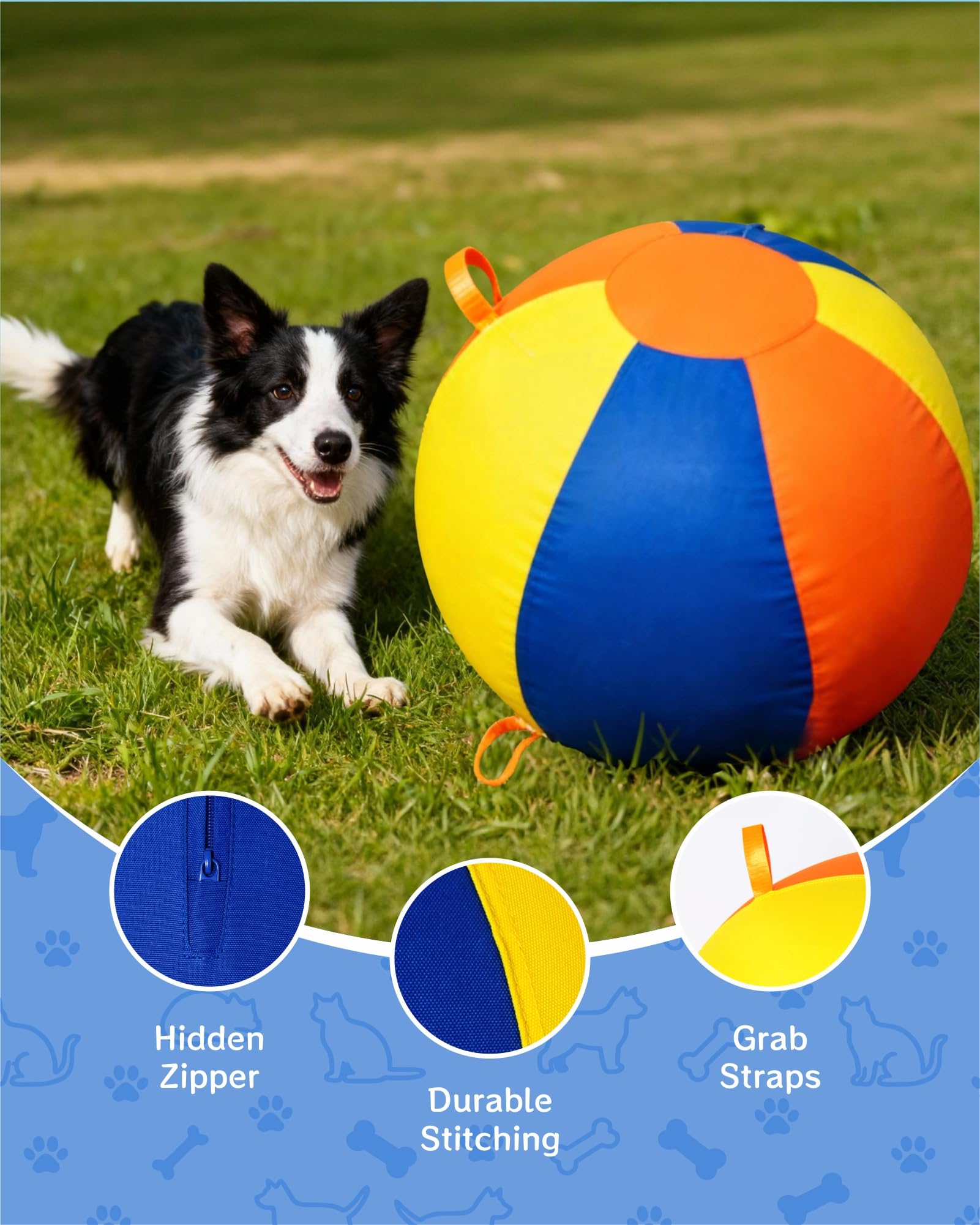 SHEENLULU Herding Ball semi-hidden zipper keeps paws safe during play.
