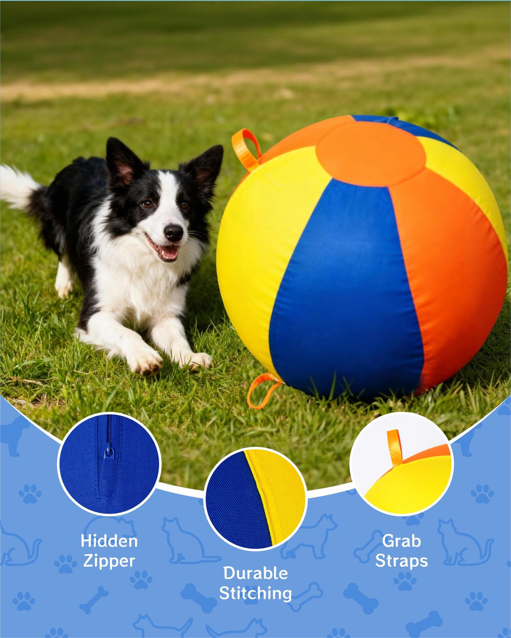 SHEENLULU Herding Ball semi-hidden zipper keeps paws safe during play.