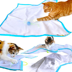 Sheer Fun For Cats toy with blue and white sheer fabric that invites stalking and pouncing.
