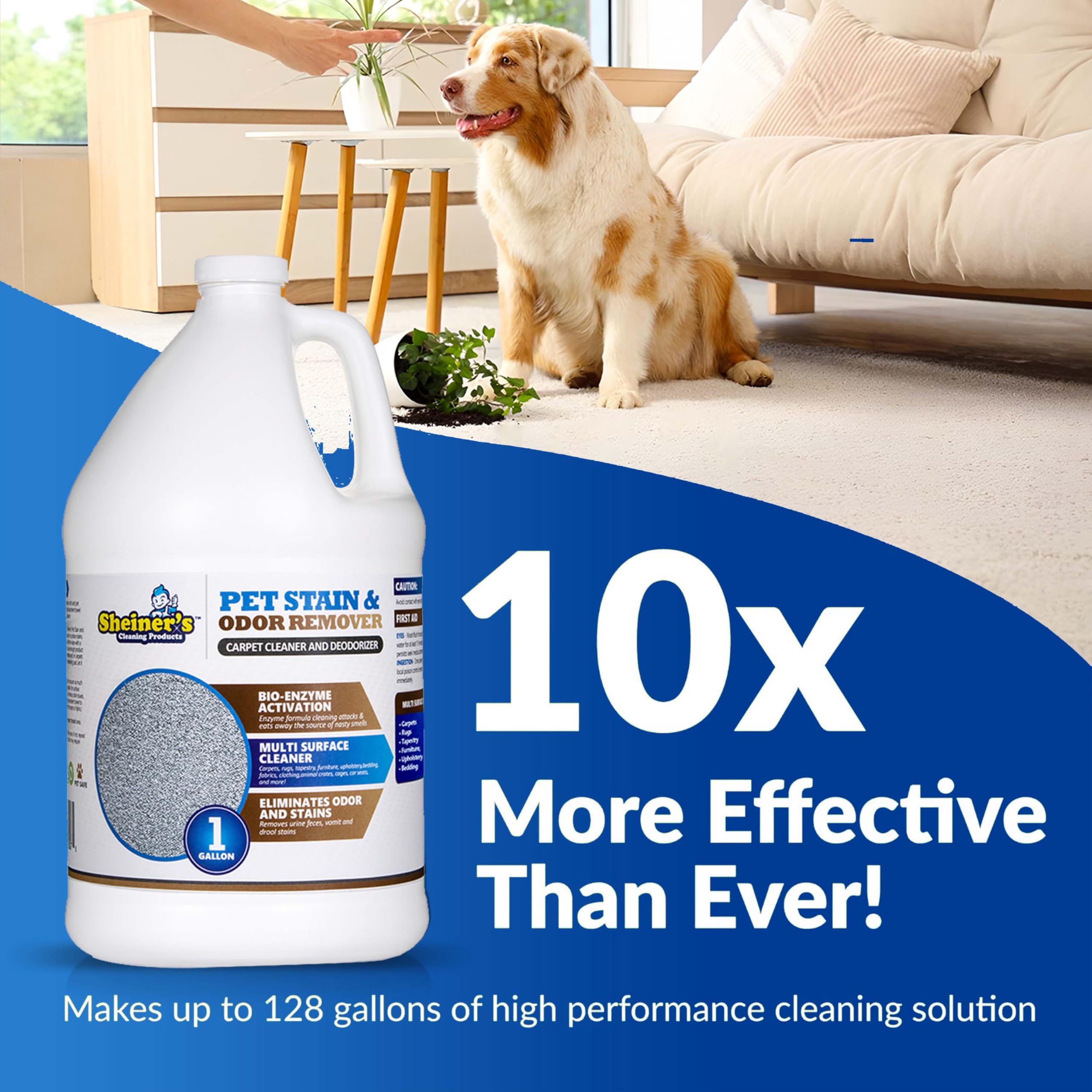 Sheiner's cleaner on carpet and upholstery showcases versatile surface use
