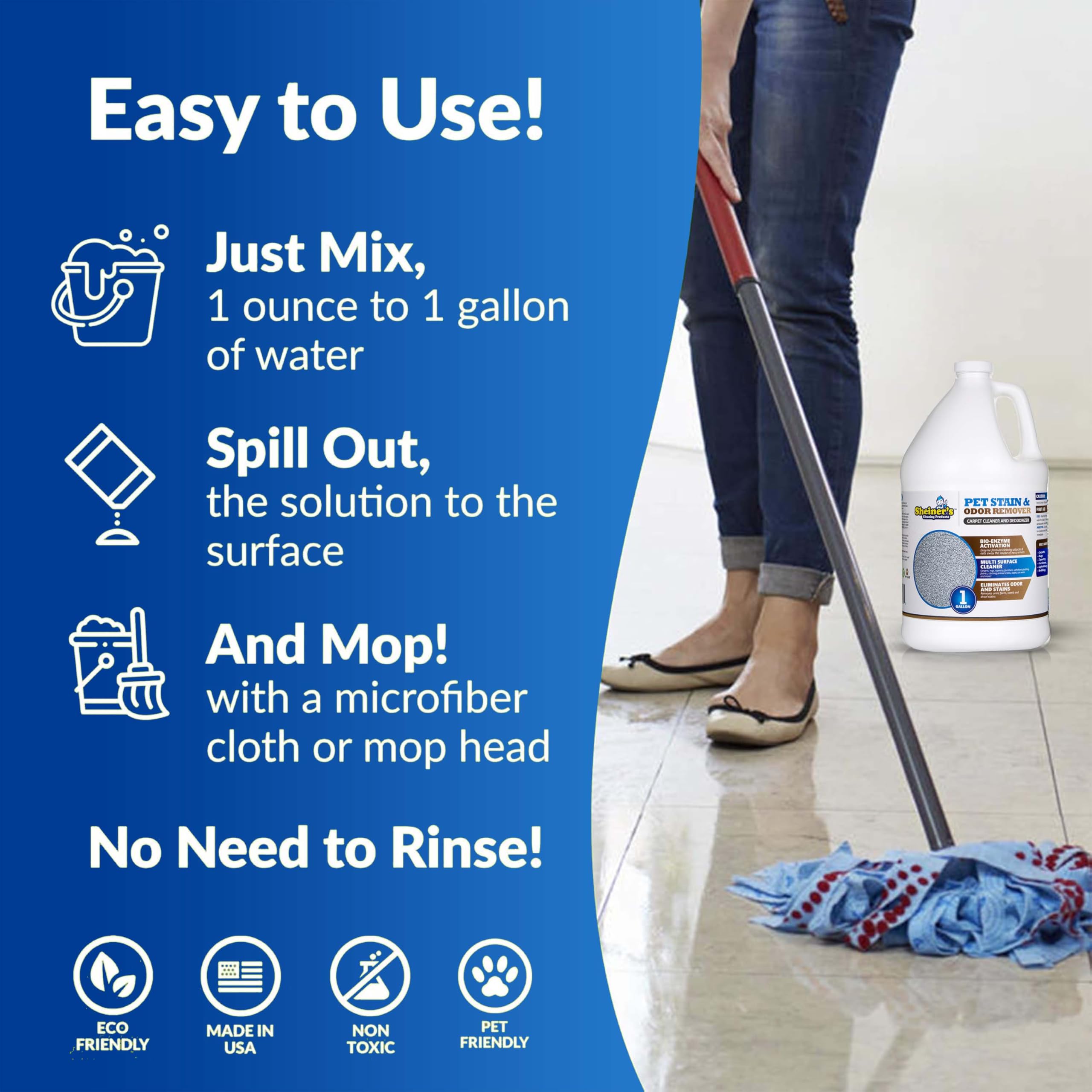 Sheiner's spray bottle demonstrates easy application for quick cleaning