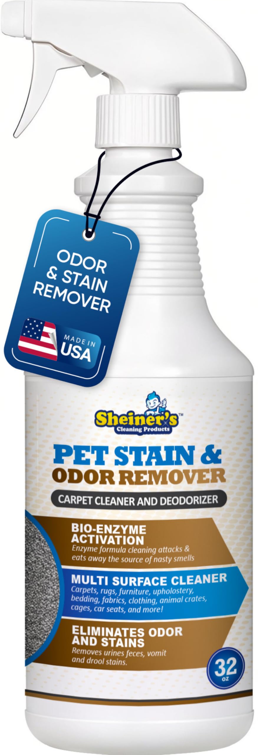 Sheiner's Pet Stain Remover bottle front view; fast-acting bio-enzyme formula tackles tough stains.