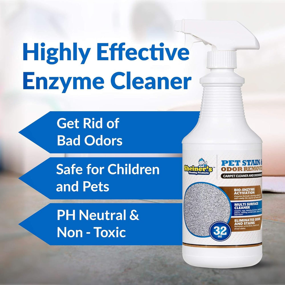 Sheiner's Pet Stain Remover bottle pour demonstrates convenient spray-action for carpets.