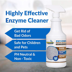 Sheiner's Pet Stain Remover bottle pour demonstrates convenient spray-action for carpets.