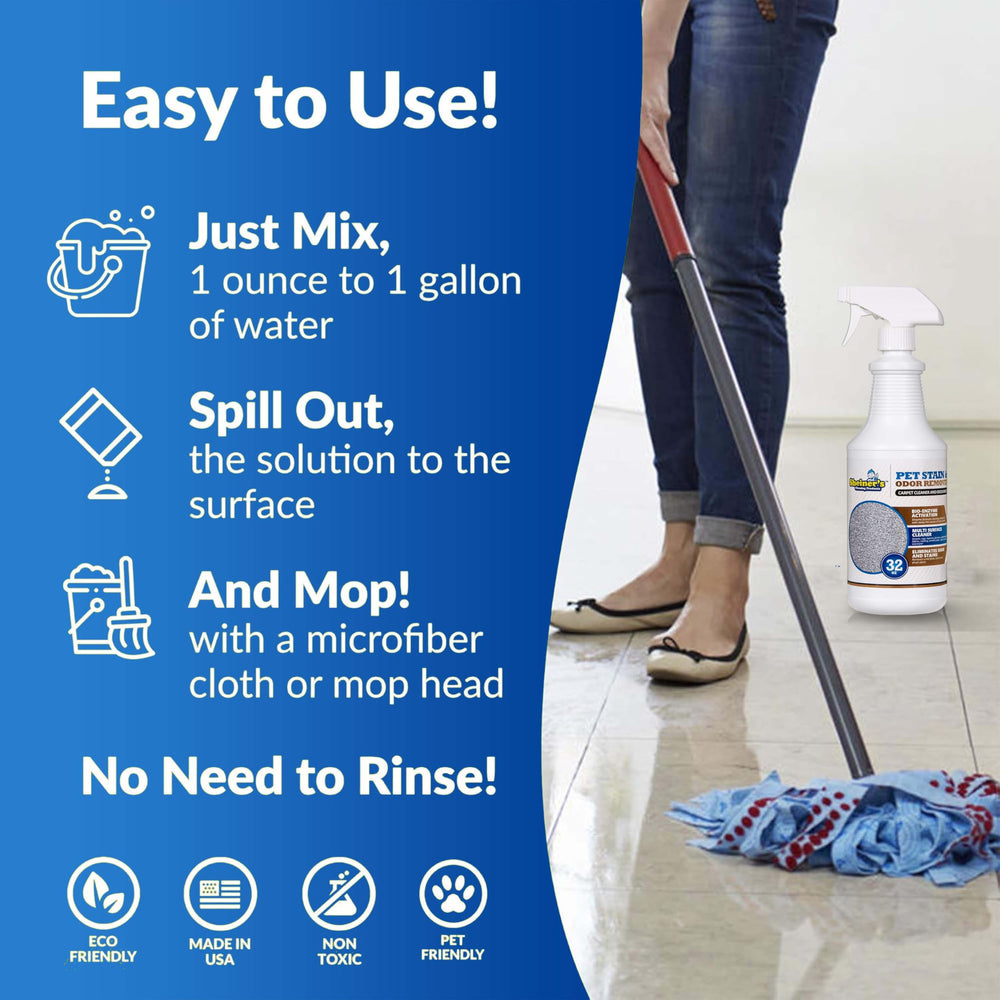 Sheiner's Pet Stain Remover cleaning action highlights eco-friendly and pet-safe formula.