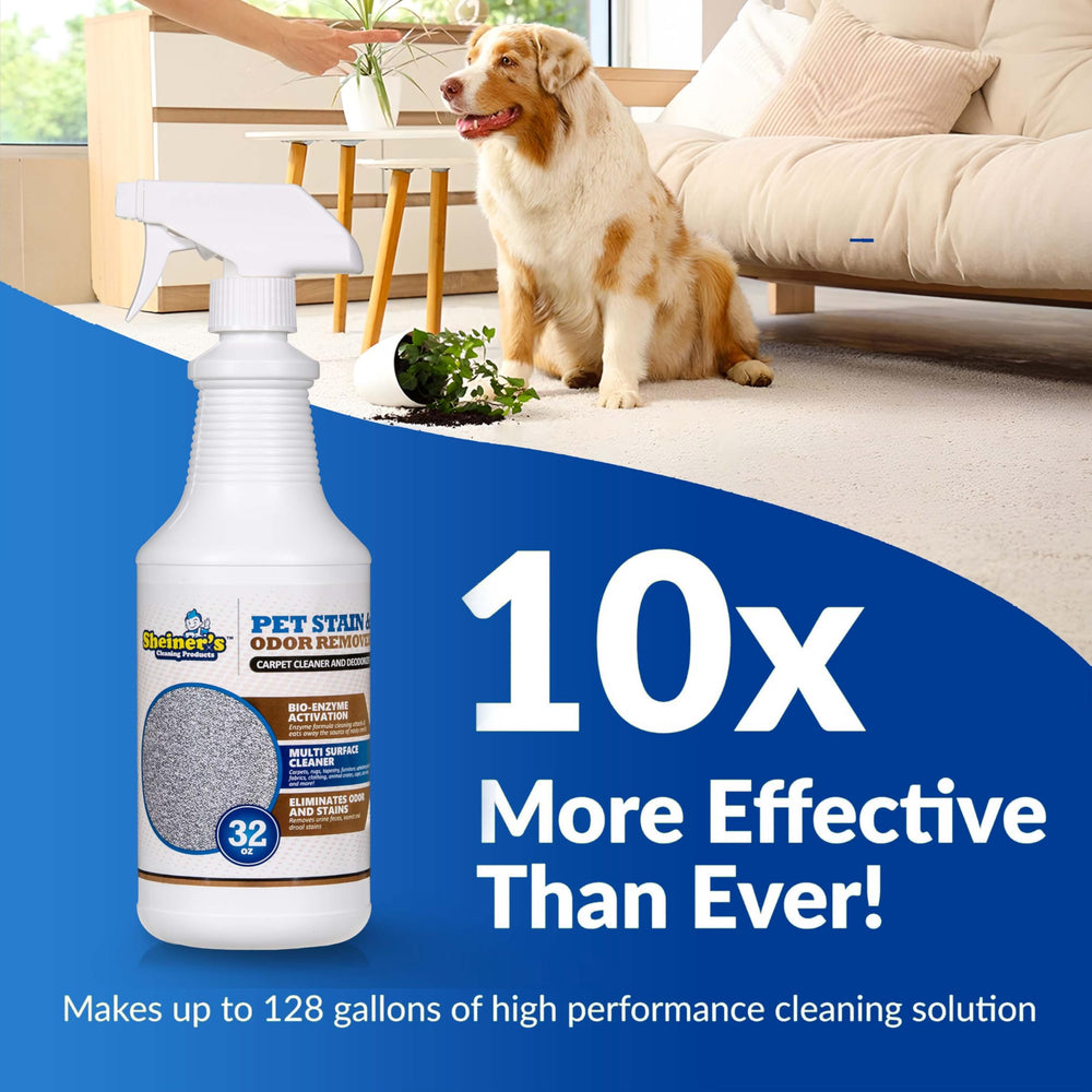 Sheiner's Pet Stain Remover label close-up emphasizes safe, non-toxic solution for homes with pets.