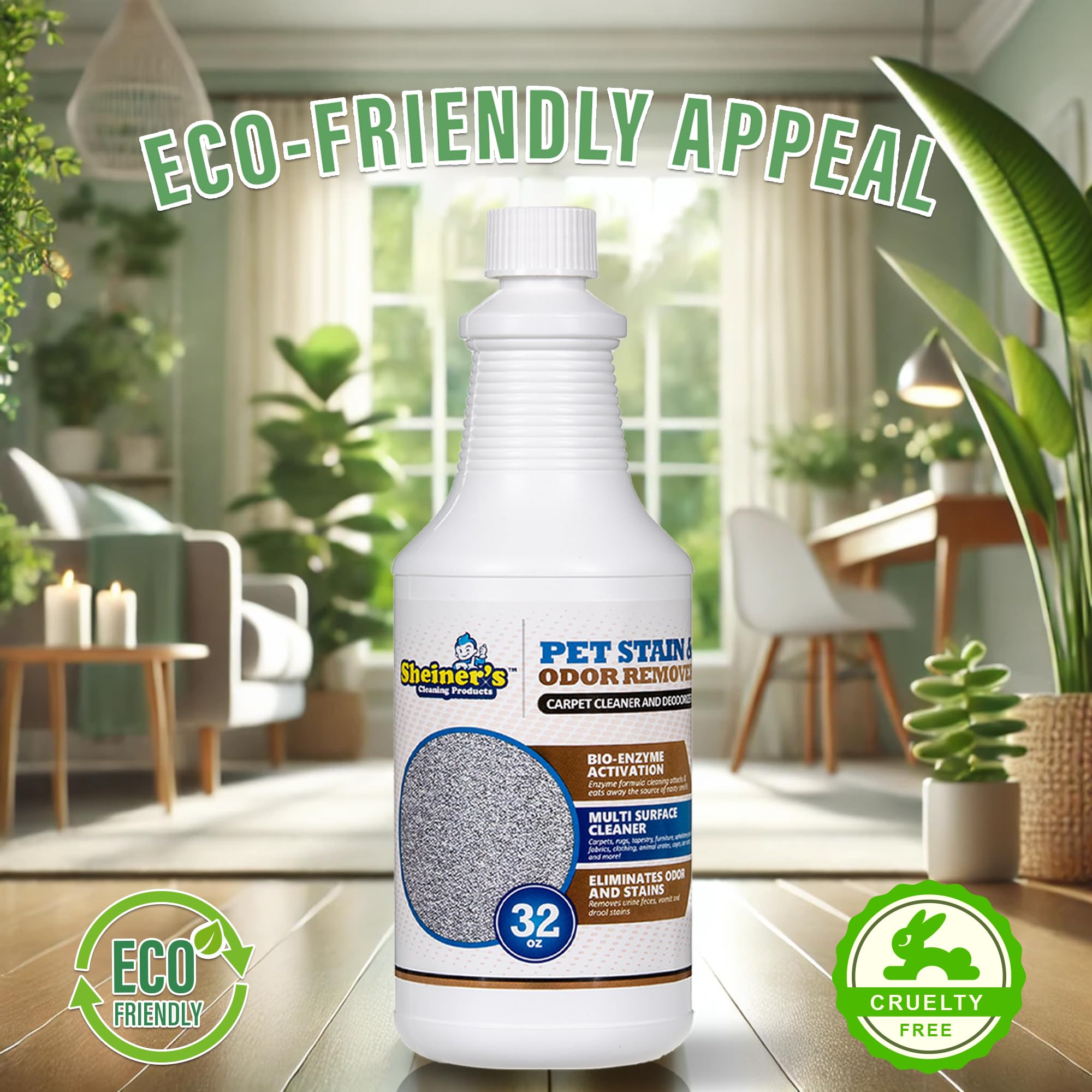 Sheiner's Pet Stain Remover near pet area conveys fresh spaces without harsh chemicals.