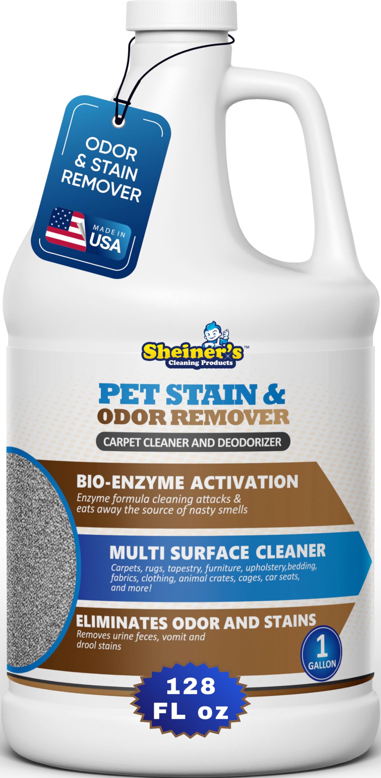 Sheiner's pet urine enzyme cleaner bottle close-up highlighting enzyme formula