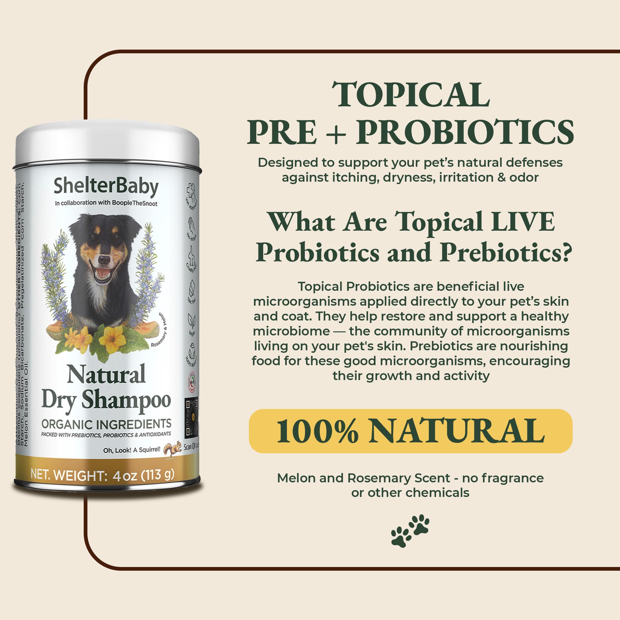 ShelterBaby dry shampoo for dogs ingredients-astaxanthin supports balanced, radiant skin.
